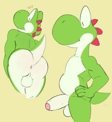 2025 anthro anus ass_up backsack balls belly biped butt cosmicbologni dinosaur erection foreskin genitals glistening green_body hi_res humanoid_genitalia humanoid_penis male mario_bros multicolored_body nintendo nude penis prehistoric_species reptile scalie side_view simple_background slightly_chubby solo tail two_tone_body white_belly white_body yellow_background yoshi