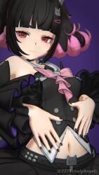 1girls 3d angels_of_delusion belly_button black_hair black_nails breasts choker clothed clothed_female clothing colored_nails female female_focus female_only hairclip hoyoverse looking_at_viewer nangong_yu_(rhapsody's_muse)_(zenless_zone_zero) nangong_yu_(zenless_zone_zero) navel painted_nails pink_hair red_eyes small_breasts smug smug_expression smug_face smug_smile stomach stomach_focus tummy two-tone_hair zenless_zone_zero zzztimelyangels