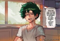 male dialogue freckles kitchen 1boy window white_shirt speech_bubble text solo green_hair not_furry_focus human_focus collarbone green_eyes shirt my_hero_academia topwear indoors open_mouth male_focus patreon_username short_hair english_text clothing upper_body hair ai_generated amadeus_v comic boku_no_hero_academia izuku_midoriya 1girl rumi_usagiyama miruko mirko