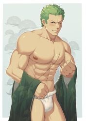 1boy abs biceps big_areola black_eyes blush breasts bulge bulge_through_clothing clenched_hand clothes_removed collarbone eight_pack embarrassed flaccid frown fundoshi fundoshi_only gay green_hair grin hi_res japanese_clothes kimono looking_at_viewer male male_breasts male_only manly mature_male muscles muscular muscular_arms muscular_male muscular_neck no_body_hair one_piece pecs pine_tree post-timeskip rokushaku_fundoshi roronoa_zoro sangewenhaox sanpaku scar scar_across_eye scar_on_chest scar_on_face scar_on_stomach short_hair simple_background six_pack small_pupils smirk solo standing topless tough_guy v-shaped_eyebrows white_border white_fundoshi yaoi zhuganchangjiadan