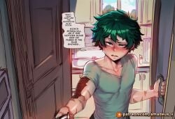 blush scar_on_arm male freckles open_door 1boy dialogue speech_bubble nipple_outline text green_shirt solo green_hair collarbone green_eyes shirt my_hero_academia covered_nipples open_mouth scar male_focus patreon_username short_hair english_text clothing clothed door ai_generated amadeus_v comic boku_no_hero_academia izuku_midoriya 1girl rumi_usagiyama miruko mirko