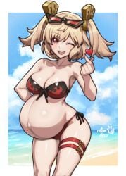 1girl :o ;o absurdres artist_name beach belt bikini blonde_hair blue_sky border breasts burnice_white commentary english_commentary eyewear_on_head female female_only gift_art heart highres large_belly large_breasts long_nails looking_at_viewer midriff multicolored_bikini navel one_eye_closed outdoors pregnant red_eyes rotomdocs short_hair sky smile solo sunglasses swimsuit thigh_belt thigh_strap thighs twintails two-tone_bikini white_border zenless_zone_zero