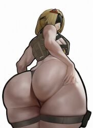 1girls ass big_ass blonde_hair bottom_heavy breasts bubble_butt fat_ass female female_only hand_on_ass hand_on_own_ass huge_ass large_ass low-angle_view massive_ass no_bra panties pussy_floss sideboob sniper soldier solo spiralnoww thick_ass thunder_thighs trigger_(zenless_zone_zero) vest visor white_hair zenless_zone_zero