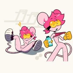 edit female goommymuffin goommymuffin_(artist) lying_on_back mouse muffin_(goommymuffin) pink_body shoes sweat water_bottle