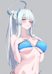 shiraitoart983 blue_archive noa_(blue_archive) absurdres english_commentary highres 1girl bare_shoulders bikini black_bikini blush breasts cleavage grey_background halo headset large_breasts looking_at_viewer navel ponytail purple_eyes side-tie_bikini_bottom simple_background smile solo swimsuit upper_body white_hair