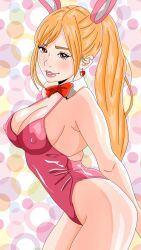 amyaminouraaka 1girls bowtie earring earrings nipple_bulge solo lips bunny_ears detached_collar leotard heart_earrings