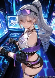 honkai:_star_rail honkai_(series) silver_wolf_(honkai:_star_rail) silver_wolf_(lv.999)_(honkai:_star_rail) miyuai ai_generated ai_assisted thick_thighs thick_ass thick thick_legs thick_hips thick_butt wide_hips wide_thighs voluptuous voluptuous_female curvy curvy_figure curvaceous curvy_female female breasts rating:safe gloves fingerless_gloves long_hair 1girl eyewear_on_head black_gloves drill_hair smile multicolored_hair looking_at_viewer bare_shoulders silver_hair grey_hair streaked_hair mole belt large_breasts bangs hair_between_eyes ass ponytail shorts twin_drills solo blush jacket grey_eyes midriff thighs night