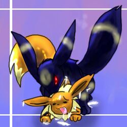 9_6 ambiguous_gender black brown closed_eyes cum cute_fang doggy_style ear_markings eevee eeveelution face_markings from_behind fur furry_ears furry_tail male markings messy nintendo on_front pokemon pokemon_(species) red_eyes tail tail_markings umbreon