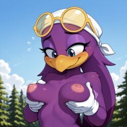 1girls ai_generated anthro areolae avian bad_anatomy bandana beak blue_eyes blush blush_lines breedorbred caressing_breasts collarbone comfyui depth_of_field edited eyebrows eyelashes eyeshadow female functionally_nude furry gloved_hands gloves groping_breasts groping_own_breast hi_res looking_at_self looking_down medium_breasts nature nature_background nude outdoors petite playing_with_breasts plump_breasts puffy_nipples purple_body simple_background solo sonic_(series) sonic_the_hedgehog_(series) sunglasses sunglasses_on_head sweat sweatdrop toned_female wave_the_swallow