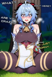 ai_assisted ai_generated bodysuit ganyu_(genshin_impact) genshin_impact hoyoverse mihoyo sitting spread_legs text transparent_clothing tree