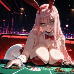 zero_two_(darling_in_the_franxx) darling_in_the_franxx casino miyuai ai_generated ai_assisted thick_thighs thick_ass thick thick_legs thick_hips thick_butt wide_hips wide_thighs voluptuous voluptuous_female curvy curvy_figure curvaceous curvy_female female breasts bunnysuit animal_ears bunny_ears pantyhose leotard wrist_cuffs 1girl detached_collar long_hair card pink_hair solo strapless_leotard bow fake_animal_ears horns bunny_girl fishnets bowtie cleavage fishnet_legwear bangs looking_at_viewer strapless hairband rating:safe tail poker_chip red_leotard candy smile bare_shoulders playing_card food collarbone eyebrows_visible_through_hair shiny