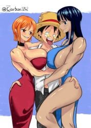 2girls 2girls1boy ass big_breasts busty carbon1262 dress female grabbing_ass harem huge_breasts legs luffy male monkey_d_luffy nami nami_(one_piece) nico_robin one_piece smile thick_thighs wide_hips