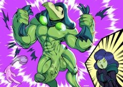 nekochanoff shovel_knight yacht_club_games mona_(shovel_knight) plague_knight 1girls 1boy male female green_skin muscular muscular_male huge_cock buff buff_male