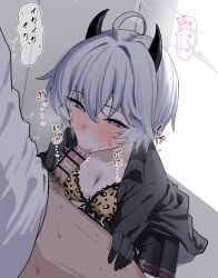 1boy 1girl animal_print bar_censor black_horns black_shirt blue_archive blue_eyes blush bra breasts censored cleavage clothes_around_waist demon_horns erika_(blue_archive) fellatio half-closed_eyes halo highres horns jacket jacket_around_waist leopard_print leopard_print_bra necktie nichijou_(nichijoutouhou) oral penis print_bra saliva shirt short_hair sweat underwear white_hair white_halo