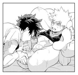 2boys anal_fingering anal_fluid bakugou_katsuki bar_censor bed_sheet blush boku_no_hero_academia bottomless cai_(caiirocai) censored clenched_teeth closed_eyes clothes_lift collarbone commentary_request crew_neck ear_blush fellatio fingering forehead_blush freckles from_side furrowed_brow gay gay_male grabbing_another's_penis greyscale hatching_(texture) head_on_pillow leg_up linear_hatching looking_at_another looking_down lying male_focus midoriya_izuku monochrome multiple_boys multiple_scars neck_blush nipples on_back on_bed oral penis pillow saliva_on_penis scar scar_on_arm scar_on_hand screentones shirt shirt_lift short_hair short_sleeves spiked_hair spread_legs sweat t-shirt tank_top teeth toned toned_male tsurime v-shaped_eyebrows white_background yaoi