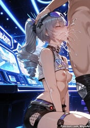 honkai:_star_rail honkai_(series) silver_wolf_(honkai:_star_rail) silver_wolf_(lv.999)_(honkai:_star_rail) miyuai ai_generated ai_assisted thick_thighs thick_ass thick thick_legs thick_hips thick_butt wide_hips wide_thighs voluptuous voluptuous_female curvy curvy_figure curvaceous curvy_female female breasts rating:explicit oral 1girl fellatio 1boy hetero cum penis cum_in_mouth nipples long_hair deepthroat shorts navel thigh_strap blush short_shorts bare_shoulders breasts_outside sweat solo_focus drill_hair closed_eyes irrumatio handcuffs eyebrows_visible_through_hair bangs overflow streaked_hair arms_behind_back belt twintails medium_breasts silver_hair thighhighs grey_hair testicles heart small_breasts