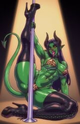 1girls armpits black_hair boots csaurageul full_body green_skin horns latex leopard_print lips open_mouth original polearm smile tongue_out yellow_eyes