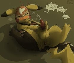 anus aroused balls blush blush_lines bodily_fluids butt clothing cosplay_pikachu_(costume) cum dialogue drooling ejaculation english_text erection generation_1_pokemon genital_fluids genitals lying male mask masturbation nintendo on_back penis pikachu pikachu_libre pokemon pokemon_(species) precum presenting presenting_hindquarters qrnrr saliva simple_background solo speech_bubble sports_mask sportswear sweat sweatdrop tail text touching_penis wrestling_mask yellow_body