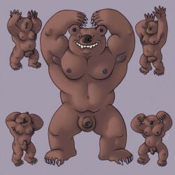 anthro armpit_showing bear black_nose brown_bear brown_glans brown_nipples caricature claws fangs flaccid flexing foreskin genitals glans group hi_res male mammal muscular muscular_male nipples pecs penis ravuer silly silly_face simple_background slightly_chubby slightly_chubby_male teeth ursine