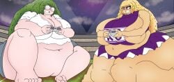 fizzybubblina_(ameliasoftartist) big_beautiful_women:_giantess_dating_action blonde-haired_female blonde_female blonde_hair blonde_hair_female breasts_bigger_than_head giant_female giantess hifumi_(big_beautiful_women) large_breasts long_hair long_hair_female macro macro_female outdoors pink_eyes purple_eyes thick_thighs fuko_(big_beautiful_women) green_hair stadium stadium_background bbw overweight overweight_female spiral_glasses glasses gaming