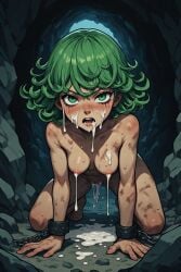 ai_generated perchance_ai tatsumaki one-punch_man small_breasts bruises dirty_skin shackles cum_on_face cum_puddle dripping_cum on_all_fours