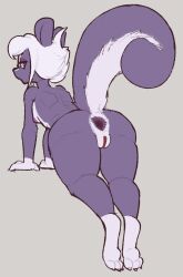 anthro anus big_tail breasts darkened_anus darkened_genitalia digitigrade female genitals hair hi_res mammal mephitid purple_body purple_eyes samantha_(bateryne) side_boob skunk solo solo_focus standing tail trufzn white_hair