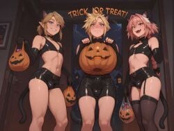 3boys ai_generated asian asian_male astolfo_(fate) blonde blonde-haired_male blonde_hair blonde_male blue_eyes bra braid braided_hair braided_ponytail brown_eyes bulge bulge_through_clothing bulge_under_clothes candy cat_ears cat_tail catboy cloud_strife costume crop_top cute cute_expression cute_face cute_male fate/grand_order fate_(series) femboy feminine feminine_male final_fantasy final_fantasy_vii flat_belly gloves green_eyes hairless halloween latex latex_clothing light-skinned_male light_skin link long_gloves looking_at_viewer multiple_boys multiple_femboys multiple_subs nintendo pink_hair ponytail posing posing_for_the_viewer presenting puffyart pumpkin shaking short_shorts skinny skinny_girl smooth_skin square_enix tail tails the_legend_of_zelda thick_thighs thigh_highs thighhighs thighs trick_or_treat twink