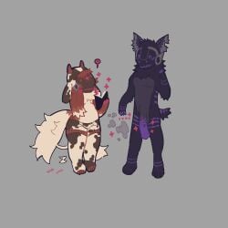 1:1 animal_genitalia animal_penis animal_print anthro black_body black_fur castle_(puppywizardd) cow_print embarrassed equine_genitalia equine_penis fur genitals hack_(shackht) hi_res intersex intersex/male machine magic male orange_body orange_fur penis protogen puppywizardd simple_background surprised white_body white_fur