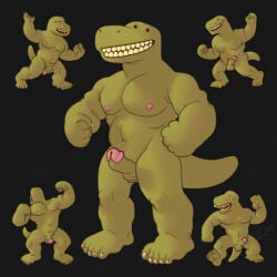 anthro dancing dinosaur erection flaccid flexing genitals glans green_body green_skin group half-erect hi_res male musclegut muscular muscular_male nipples pecs penis pink_glans pink_nipples prehistoric_species ravuer red_eyes reptile saurischian scalie short_penis silly silly_face silly_pose simple_background small_eyes smile theropod thick_penis tyrannosaurid tyrannosauroid tyrannosaurus tyrannosaurus_rex