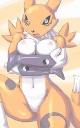 1girls anthro apostle blue_eyes breasts canine chest_tuft claws crossed_arms digimon elbow_gloves face_markings female female_only fox fur furry leg_markings looking_at_viewer open_mouth orange pixel_art pussy renamon solo tail yellow