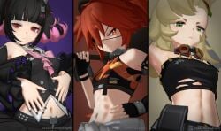 3d 3girls abs alternate_version_available angels_of_delusion armpits belly_button black_hair blonde blonde-haired_female blonde_female blonde_hair breasts choker clothed clothed_female clothing eyepatch female female_focus female_only freckles freckles_on_body freckles_on_face freckles_on_shoulders freckles_on_stomach goggles goggles_around_neck green_eyes hairclip hi_res hoyoverse koleda_belobog light-skinned_female light_skin looking_at_viewer mihoyo nangong_yu_(rhapsody's_muse)_(zenless_zone_zero) nangong_yu_(zenless_zone_zero) navel petite petite_female pink_hair piper_wheel red_eyes red_hair small_breasts smaller_female smug smug_expression smug_face smug_smile stomach stomach_focus tube_top tubetop tummy two-tone_hair zenless_zone_zero zzztimelyangels