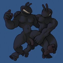 ant antennae_(anatomy) anthro arthropod athletic black_body black_skin caricature duo feet flaccid foreskin genitals grabbing hi_res hymenopteran insect long_penis male male/male muscular muscular_male nipples pecs penis pink_nipples ravuer silly_pose simple_background small_eyes smile