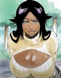 1girls accurate_art_style arms_behind_back bleach cleavage cleavage_cutout dark-skinned_female half-closed_eyes huge_breasts long_hair looking_at_viewer outdoors purple_hair raised_eyebrow shihouin_yoruichi solo sweater yoruichi_shihouin
