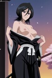 digitalwaifugallery ai_generated patreon seductive sexy uncensored watermark hi_res high_quality high_resolution rukia_kuchiki bleach 1girl breasts nipples black_hair solo sword weapon japanese_clothes hair_between_eyes undressing short_hair medium_breasts black_kimono katana no_bra parted_lips kimono purple_eyes cherry_blossoms off_shoulder petals open_clothes collarbone