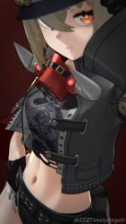 hoyoverse zenless_zone_zero zzztimelyangels 3d 1girls female female_only female_focus looking_at_viewer red_eyes small_breasts breasts stomach stomach_focus tummy navel belly_button clothing clothed clothed_female luciana_de_montefio blonde_hair blonde_female blonde blonde-haired_female tubetop tube_top jacket helmet booty_shorts