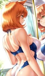 1girl ai_generated ass back backless_swimsuit bare_arms bare_shoulders blue_one-piece_swimsuit blue_swimsuit blush breasts busty closed_mouth clothing competition_swimsuit curtains female female_only from_behind green_eyes hair_between_eyes hand_on_chest hand_on_own_chest highleg highleg_swimsuit huge_ass huge_breasts indoors kasumi_(pokemon) large_ass large_breasts looking_at_mirror looking_back median_furrow mirror misty_(pokemon) misty_(pokemon_hgss) multicolored multicolored_clothes multicolored_swimsuit one-piece_swimsuit orange_hair pokemon reflection short_hair shoulder_blades smile solo sportswear swimsuit tank_suit thick_ass thighs two-tone_swimsuit white_one-piece_swimsuit white_swimsuit