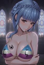 1girls ai_generated animal_print big_breasts bikini blue_hair braid brown_hair fire_emblem fire_emblem:_three_houses highres horseshoe horseshoe_tattoo implied_zoophilia marianne_von_edmund ninzer shy smile solo zoophile_pride_colors