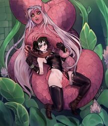 2girls animal_penis black_hair black_leotard blush breasts cape cholie covered_nipples extra_penises fangs flower futanari hand_on_another's_head imminent_penetration lamia large_breasts leotard long_hair medium_hair monster_girl multiple_girls original penis pink_scales plant precum pussy red_cape red_eyes scales small_breasts smile snake_penis torn_clothes torn_leotard very_long_hair white_hair