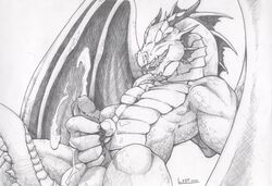 1boy balls big_balls claws cum cumshot dragon erection fangs horns male male_only masturbation messy muscles nude open_mouth orgasm penis reptile scalie sitting sketch solo spikes tail tongue troy wings