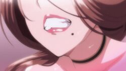 1girl 1girls 2023 20s animated animated_gif anime_screenshot black_choker brown_hair cheating_(relationship) choker clenched_teeth cosplay female female_only implied_sex lips lipstick long_hair makeup mature_female minamoto_no_raikou_(fate)_(cosplay) minamoto_no_raikou_(swimsuit_lancer)_(fate)_(cosplay) mole mole_under_mouth public_indecency public_restroom tagme teeth tsuma_ni_damatte_sokubai-kai_ni_iku_ja_nakatta yumiko_kimura