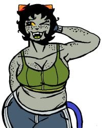 1girls big_ass big_breasts black_hair blue_tail chubby drfreake drgravyjones gray_skin green_topwear gym_uniform gympeta homestuck muscular nepeta_leijon orange_ears orange_horn yellow_eyes