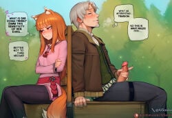 1boy 1girl 1girls 2d ai_assisted ai_generated aisouls animal_ears black_legwear black_pants blush body_swap brown_hair caption cock comic crossed_arms dialogue dick english_text erect_penis erection female female_in_male_body gray_eyes hand_on_penis holo_(spice_and_wolf) husband husband_and_wife jerking jerking_off jerkingoff kemonomimi kraft_lawrence long_hair love male male/female male_in_female_body masturbating masturbation outdoors outside pants patreon_logo patreon_username penis penis_grab petite petite_body petite_female red_eyes romance self_upload shirt silver_hair sitting soul_swap spice_and_wolf tail text white_hair wife wolf_ears wolf_girl wolf_tail