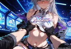honkai:_star_rail honkai_(series) silver_wolf_(honkai:_star_rail) silver_wolf_(lv.999)_(honkai:_star_rail) miyuai ai_generated ai_assisted thick_thighs thick_ass thick thick_legs thick_hips thick_butt wide_hips wide_thighs voluptuous voluptuous_female curvy curvy_figure curvaceous curvy_female female breasts gloves 1girl blush long_hair navel grabbing breast_grab belt bare_shoulders midriff black_gloves jacket clothes_writing shorts strap 1boy crop_top thighhighs looking_at_viewer bangs sleeveless fingerless_gloves grey_hair shirt groping large_breasts sleeveless_shirt sweat grey_eyes short_shorts hair_over_one_eye solo_focus silver_hair partly_fingerless_gloves stomach rating:questionable rating:safe very_long_hair monitor glasses 1other