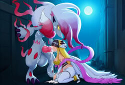 1boy 1girls ai_generated alley angewomon breasts building building_destruction buildings clothed clothing cock cock_in_mouth countsentrid crossover cum cum_drip cum_dripping cum_dripping_from_penis cum_in_mouth digimon digimon_(species) feathers fellatio furry furry_male girl_on_knees head_grab hi_res hisuian_form hisuian_zoroark moon night night_sky nintendo pokemon pokemon_(species) pokephilia purple_feathers purple_nails red_skin visor wall white_clothing white_feathers white_pants white_skin yellow_eyes zoroark