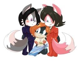 belly_button black_fur blue_eyes blue_jumpsuit blushing butts chibi_style dark_hair floral_clothing from_behind grey_fur happy holding_butt hugging_another jumpsuit karen_jackson naughty_foxxx oc on_knees original_character pink_eyes pink_fur red_hair red_head red_jumpsuit rio_the_fox smiling sonic_oc star_jackson surprised tail tails