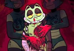 amphibian andromorph anthro bared_teeth blood blood_on_face blood_on_hand bodily_fluids breasts chappie_(squeakygears) facial_piercing female female/female frog gore hi_res hivemind humanoid incest_(lore) intersex knives_(squeakygears) lip_piercing machine nipple_piercing nipples nude piercing robot robot_humanoid sibling_(lore) snakebite_piercing squeakygears teeth twincest_(lore) twins_(lore)