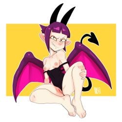 2026 a_for_angel absurd_res areola barefoot big_horn big_wings breasts clothing clothing_aside demon demon_humanoid devil_teacher feet female genitals hair hand_on_calf hand_on_leg hi_res horn humanoid humanoid_pointy_ears leotard leotard_aside leotard_down medium_breasts membrane_(anatomy) membranous_wings navel_outline nerdbayne nipples not_furry pointy_ears pointy_nose purple_hair sharp_teeth short_hair simple_background sitting smile smirk solo spade_tail tail teeth vulva wings