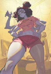 undertale muffet arachnid 1girls female female_only female_focus thick_thighs looking_at_viewer looking_down 8_arms tagme shorts smiling smile spider spider_girl black_hair multiple_arms multiple_eyes 5_eyes tied_hair voluptuous voluptuous_female slim_waist blush bow midriff shirt fangs casual_clothes monster monster_girl solo solo_focus solo_female clothed clothed_female pirodefka breasts purple_body purple_skin wide_hips hips