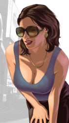 cropped cropped_image official_art rockstar_games grand_theft_auto grand_theft_auto_iv gta_prostitute skirt black_skirt short_skirt miniskirt black_miniskirt leaning_forward 1girls femsub seductive_smile aroused aroused_face huge_breasts cleavage brown-haired_female sunglasses long-haired_female red_lipstick smiling_female smiling_at_viewer bare_shoulders collarbone high_quality highres high_resolution
