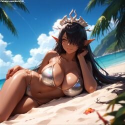 1girls 2d ai_generated areolae chest curvy curvy_figure cute cute_face detailed eyelashes eyeshadow female female_only fit fit_female focus hair high_quality legs lips lipstick makeup mascara nero100 posing seductive seductive_look stable_diffusion tagme thighs thin_waist sidelocks dark_skin dark-skinned_female kuroinu_~kedakaki_seijo_wa_hakudaku_ni_somaru~ olga_discordia huge_breasts dark_elf elf elf_female elf_girl pointy_ears yellow_eyes elf_ears bikini bikini_top bikini_bottom swimwear swimsuit outdoors outside
